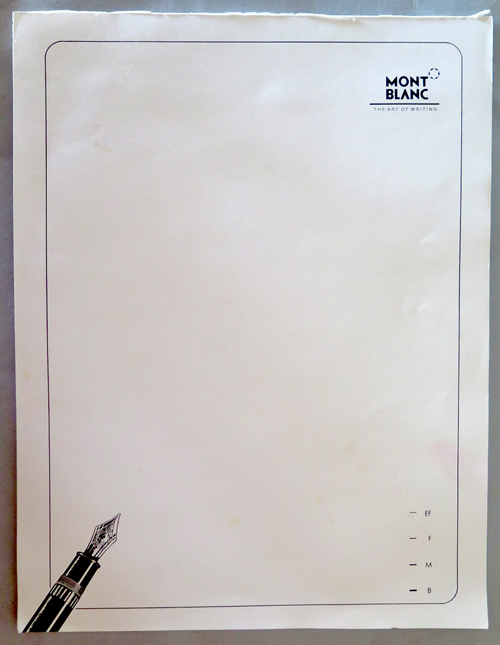 6321: MONT BLANC LETTERHEAD STATIONARY, 15 SHEETS. FORMATE INCLUDES WIDTH OF NIB CHART.